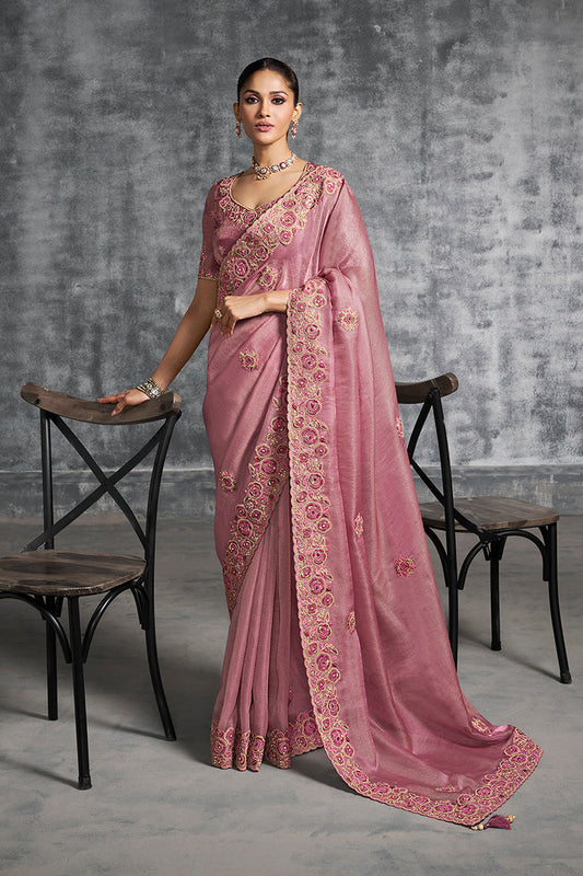Monjolika Fashion Pink Tissue Traditional Saree with Embroidered, Resham and Thread Work for Ceremonial