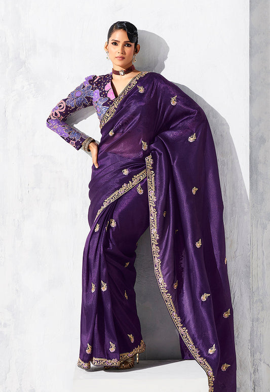 Monjolika Fashion Purple Fancy Fabric Embroidered Contemporary Saree