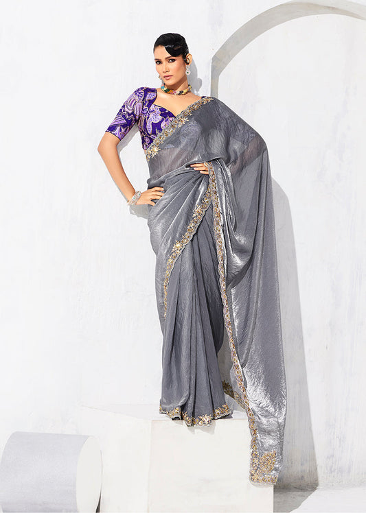 Monjolika Fashion Grey Fancy Fabric Embroidered Contemporary Saree
