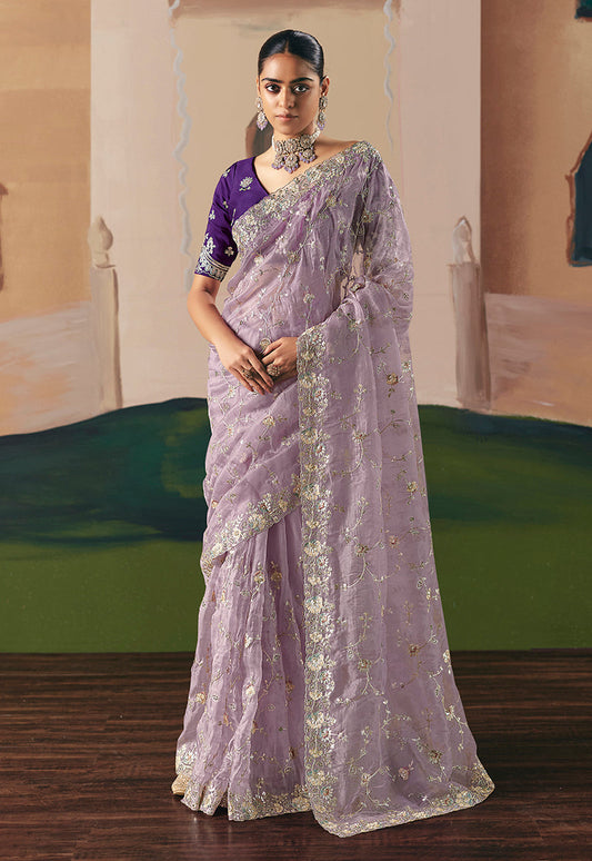 Monjolika Fashion Embroidered Lilac Fancy Fabric Party Designer Saree