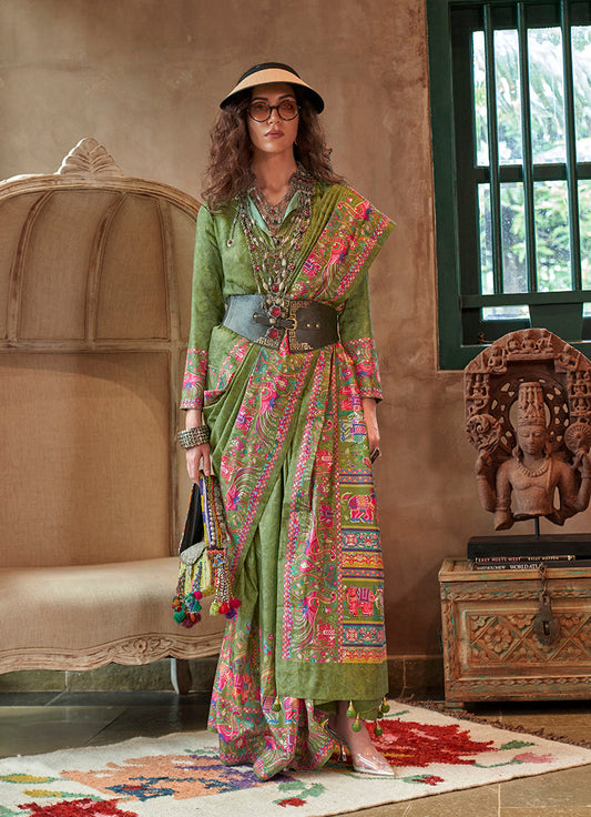 Monjolika Fashion Green Silk Blend Printed Ceremonial Saree