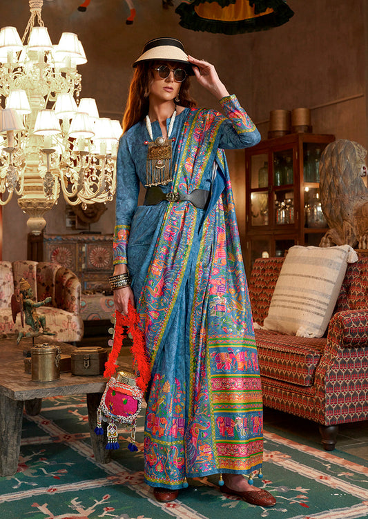 Monjolika Fashion Aqua Blue Silk Blend Printed Ceremonial Saree