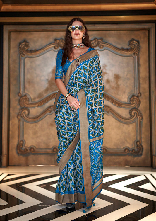 Monjolika Fashion Aqua Blue Double Ikkat Silk Blend Foil Printed Saree