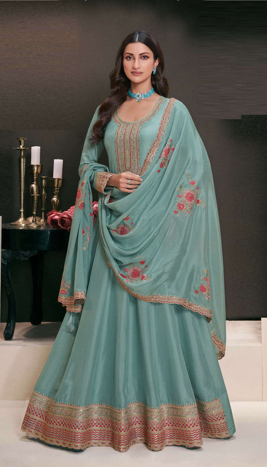 Anaita Teal Embroidered Work Silk Stitched Anarkali Suit