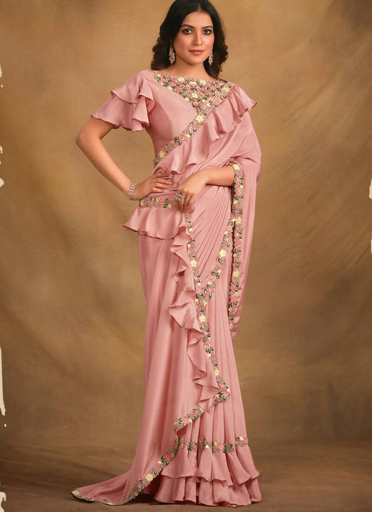Pink Crepe Georgette Silk Designer Saree with Unstitched Blouse - Norita Mahitha