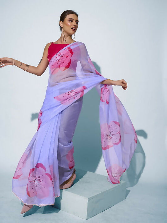 Sky Blue Organza Designer Printed Saree - Shezlin