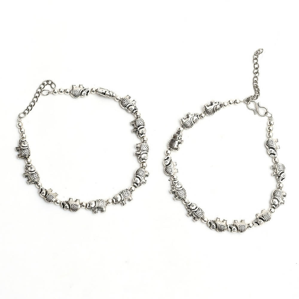 Mominos Fashion Kamal Johar Oxidised Elephant Design Silver Anklets