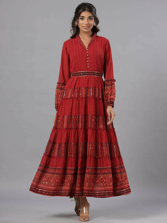 Juniper Women Rust Georgette Printed Tiered Maxi Dress