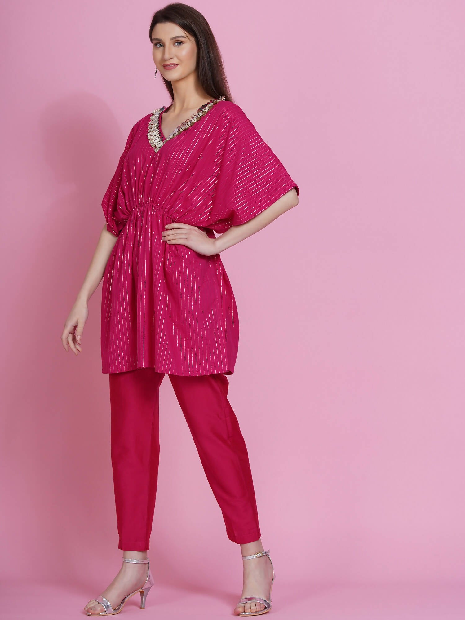 Women Republic Pink Lurex Cotton Kaftan Style Kurta With Pants - Grab2buy