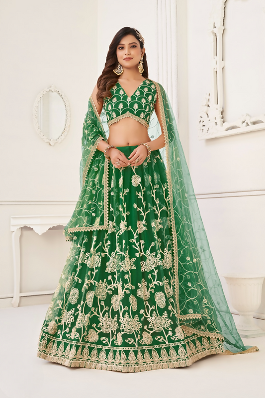 Eilara Women'S Green Butterfly Net With Sequins And Embroidery Work Lehenga Choli For Wedding