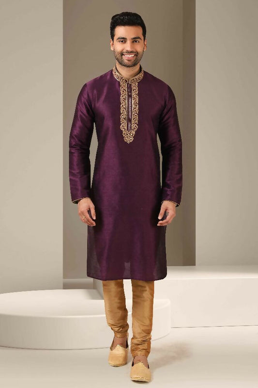 Raivat Ethnic Banarasi Art Silk Mirror Work Kurta Pajama In Mangenta Colour