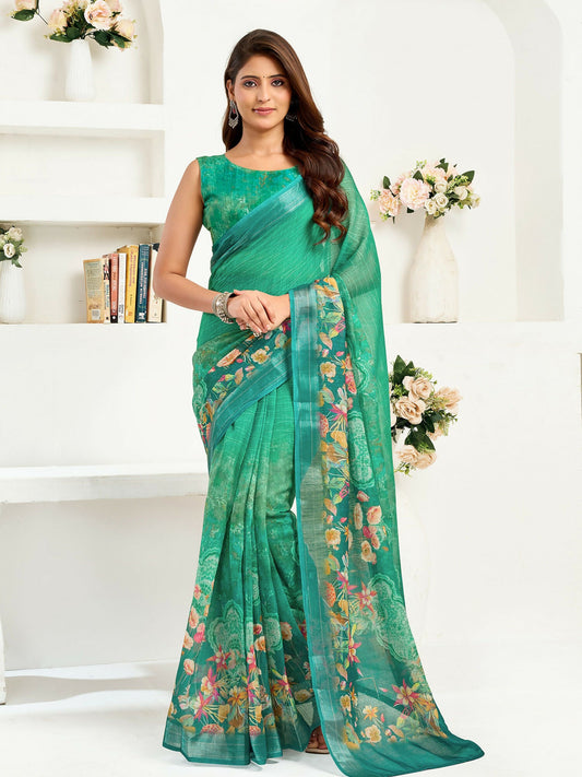 Joban Fashion Rama Green Floral Linen Ready To Wear Saree With Unstitched Blouse