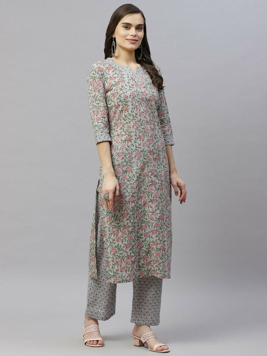 Miravan Women's Cotton Floral Printed Straight Kurta Palazzo