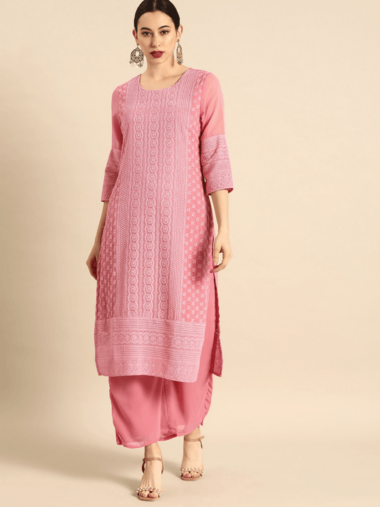 Anouk Women Pink Chikankari Embroidered Kurta with Palazzos