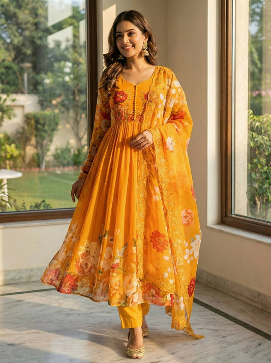 Teeya Creation Womens New Fancy Fox Georgette Heavy Quality Fabric With Handwork Orange Gown Set