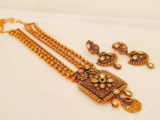 Designer Antique Bridal Gold Long Necklace Set Grab2Buy Mokshi Collections Grab2Buy