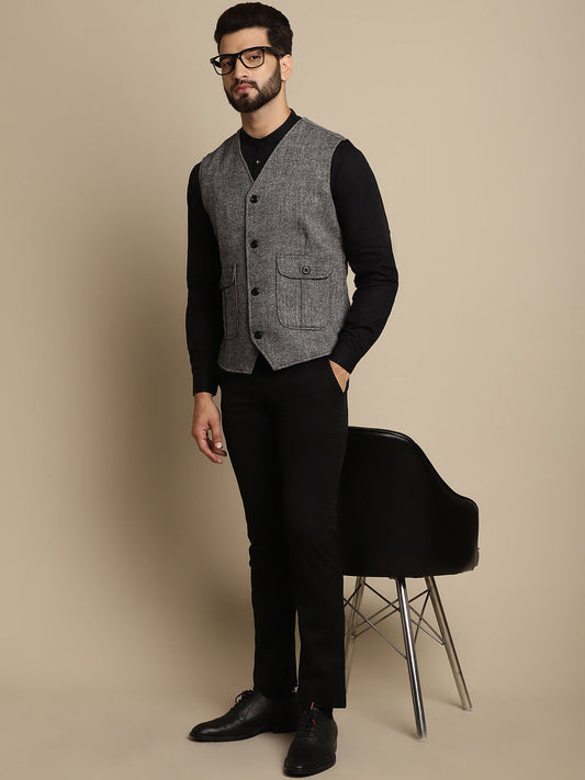 Even Apparels Men's Black Woolen Waistcoat With Patch Pocket - Grab2buy