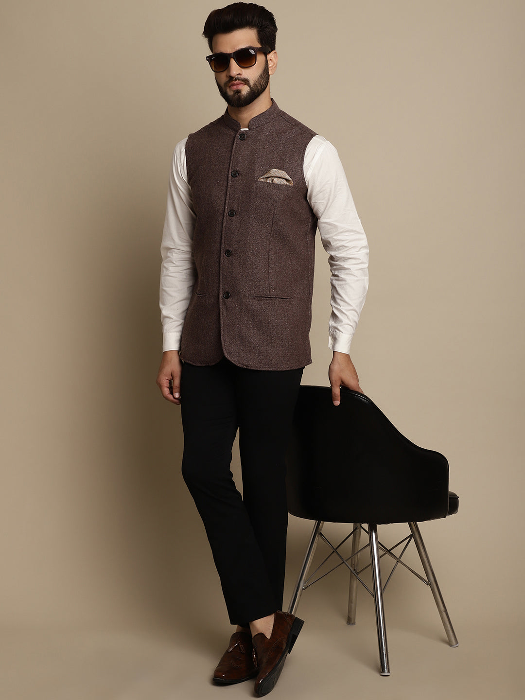 Even Apparels Men's Brown Mandarin Collar Waistcoat - Grab2buy