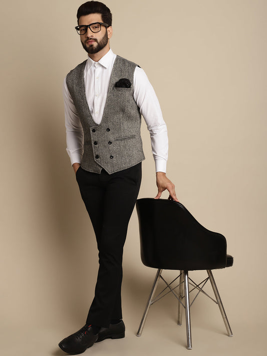 Even Apparels Men's Grey Woolen Double Breast Waistcoat - Grab2buy
