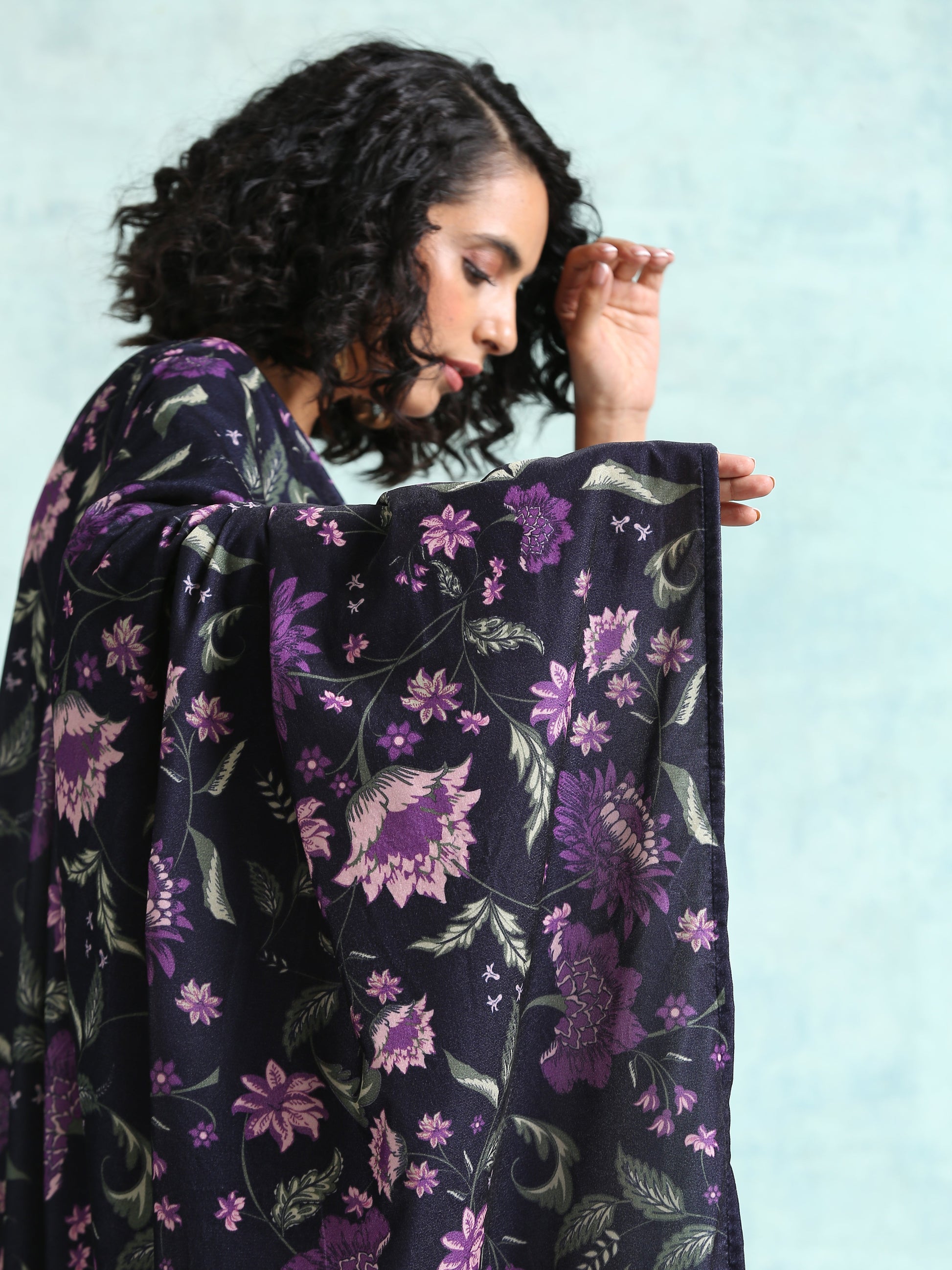trueBrowns Black Printed Velvet Shawl - Grab2buy