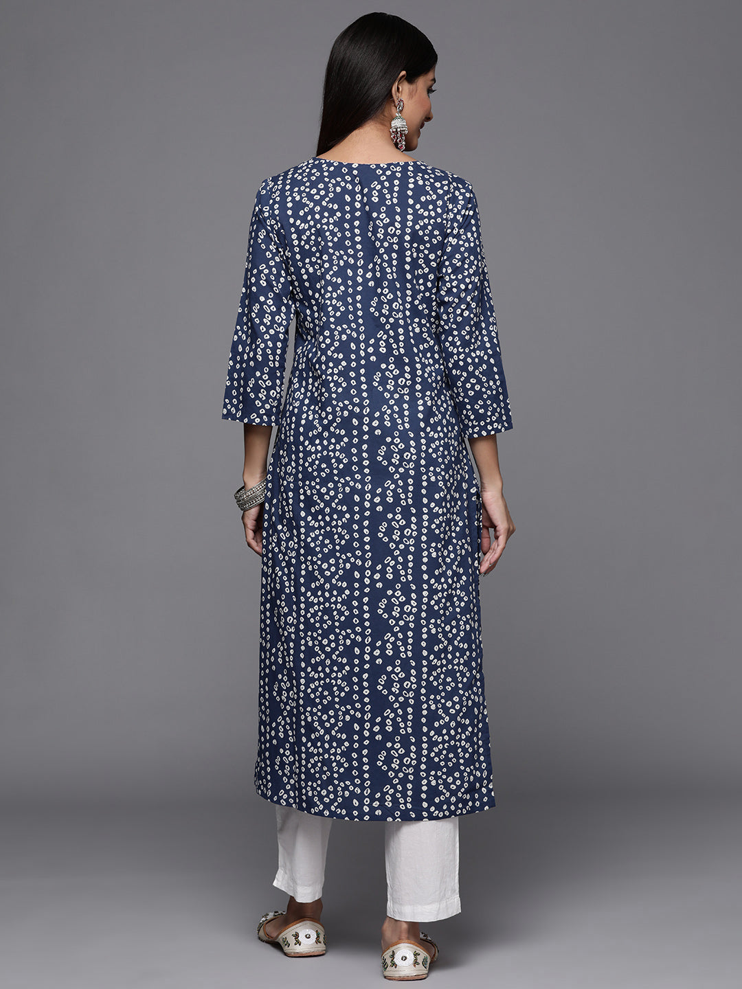 Varanga Blue Bandhani Print Embroidered Kurta Has Round Neck - Grab2buy