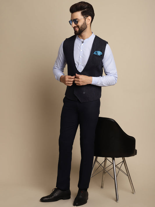 Even Apparels Men's Blue Woolen Double Breast Waistcoat - Grab2buy