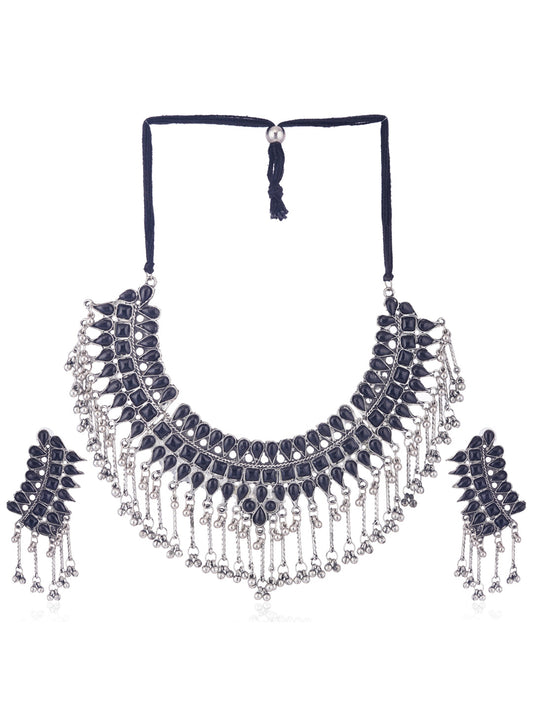 Cardinal Silver-Plated Black Stone Studded Jewellery Set - Grab2buy