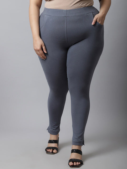 TAG 7 Women Plus size Grey Solid Cotton Ankle-Length Leggings