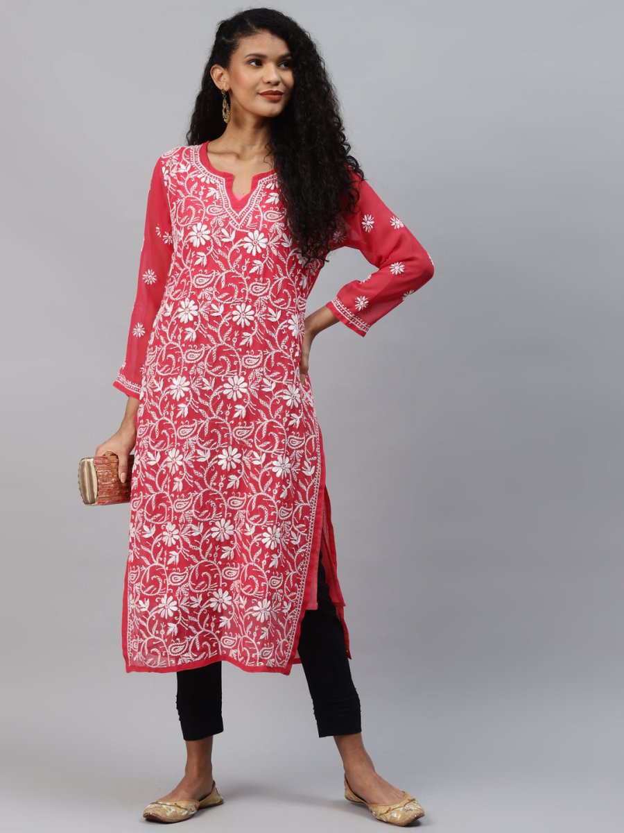 ADA Women Carrot Pink & White Floral Hand Embroidered Chikankari Handloom Kurta & Matching slip - Grab2buy