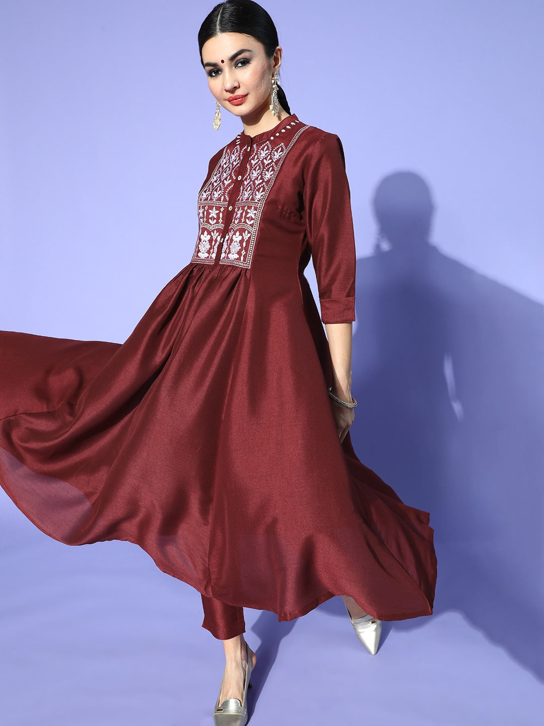Sangria Women Maroon Ethnic Motifs Embroidered Yoke Design A-Line Kurta with Trousers - Grab2buy