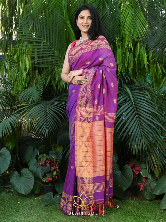 Exclusive Collection Beautiful Violet Pure Cotton Woven Handloom Grab2Buy With Running Blouse Piece
