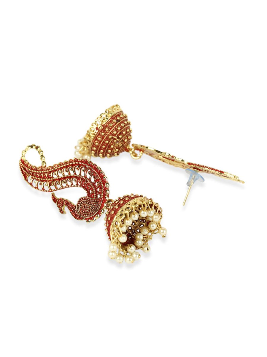Anikas Creation Red & Gold-Plated Peacock Shaped Jhumkas - Grab2buy
