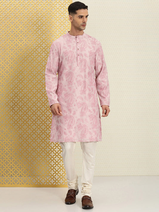 House of Pataudi Men Paisley Embroidered Sequinned Thread Work Jashn Kurta with Churidar