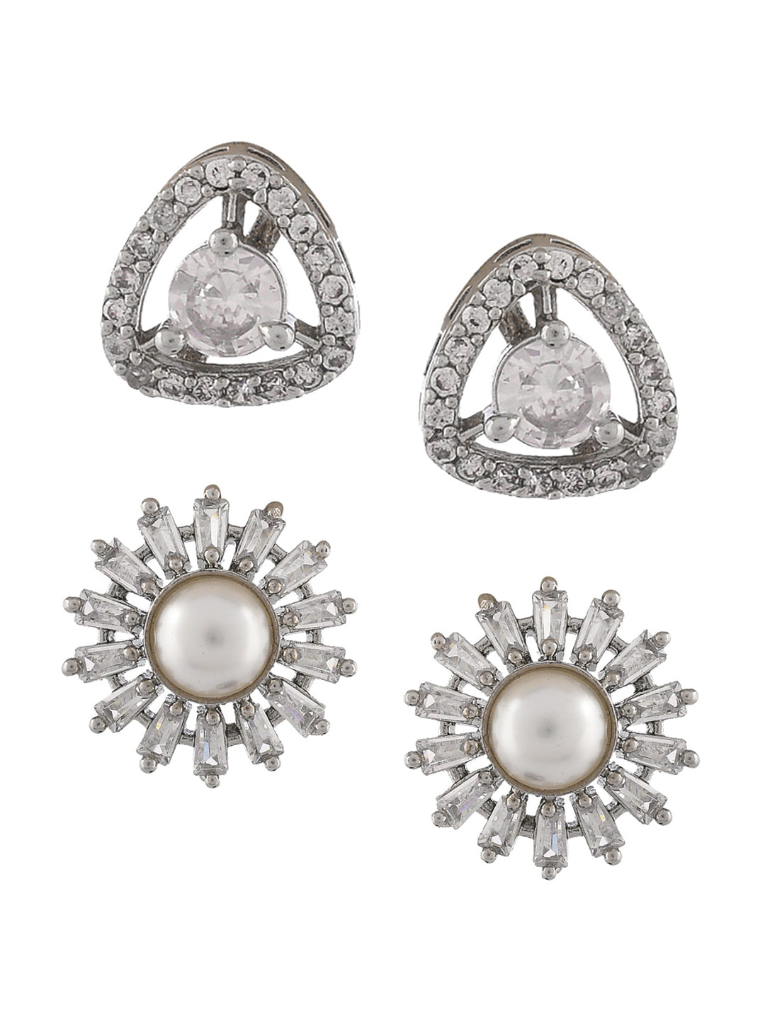 Shoshaa Set of 2 Silver-Toned Ad Stones Contemporary Studs Earrings - Grab2buy