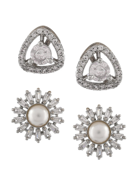 Shoshaa Set of 2 Silver-Toned Ad Stones Contemporary Studs Earrings
