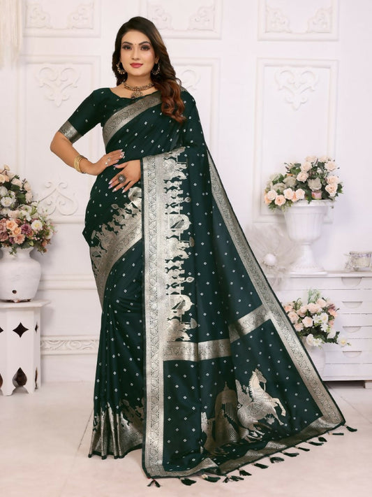 Anaita Dark Green kochi Silk With Bandhej Weaving Saree With Blouse