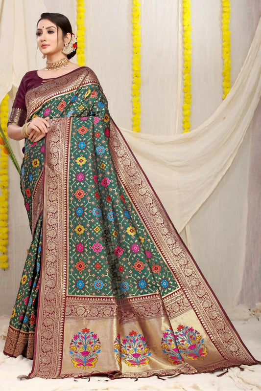 Jyoti Fashion Women's Bottle Green Patola Silk Zari Woven Saree with Blouse | Swadesiicart