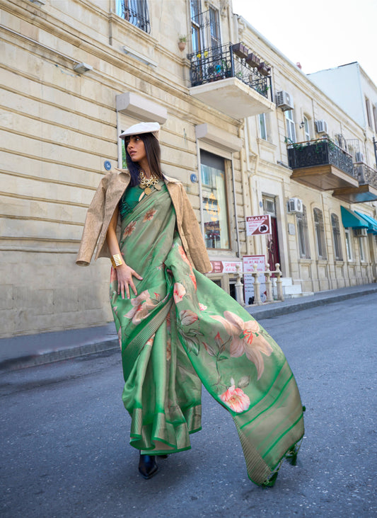 Green Satin Organza Floral Woven Design Saree With Unstitched Blouse Piece - Klay's