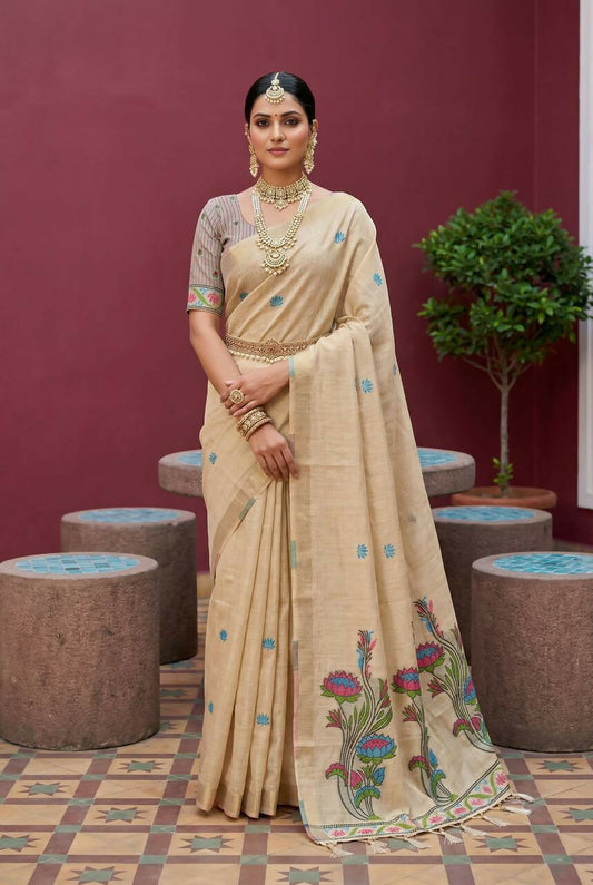 Vastranavya Cream Muga Cotton Meenakari & Azarakh Pallu Grab2Buy with Contrast Blouse Grab2Buy Vastranavya Grab2Buy