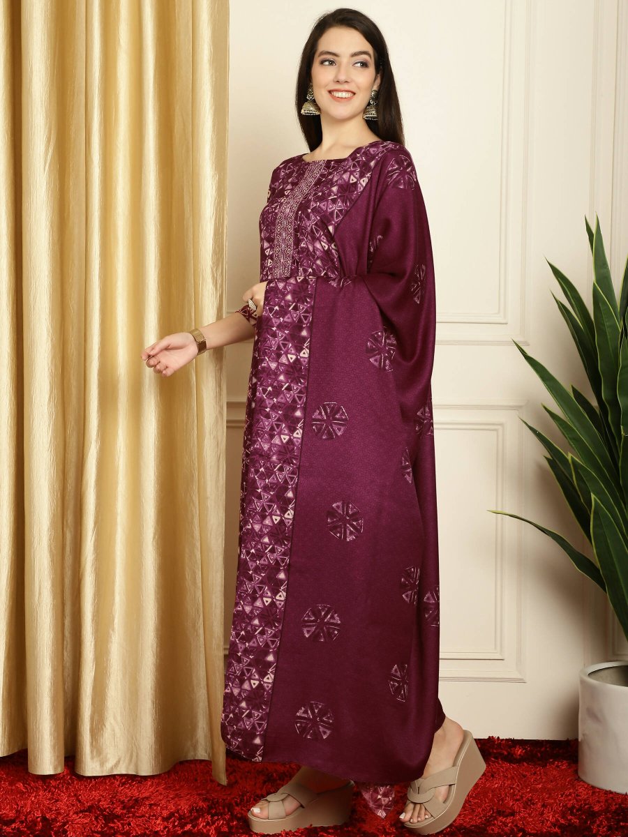 Aastha Fashion Women's Wine Pashmina Floral Digital Printed Kurta with Trouser & Dupatta - Grab2buy