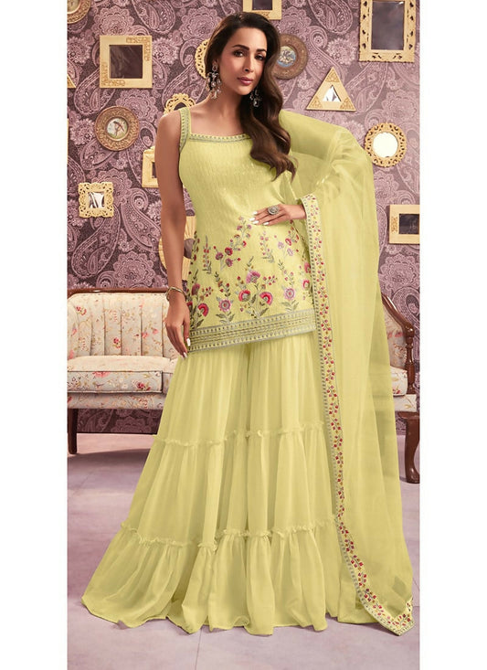 Vastranavya Malaika Arora Cream Georgette Embroidered Sequins Palazzo Suit Grab2Buy Vastranavya Grab2Buy