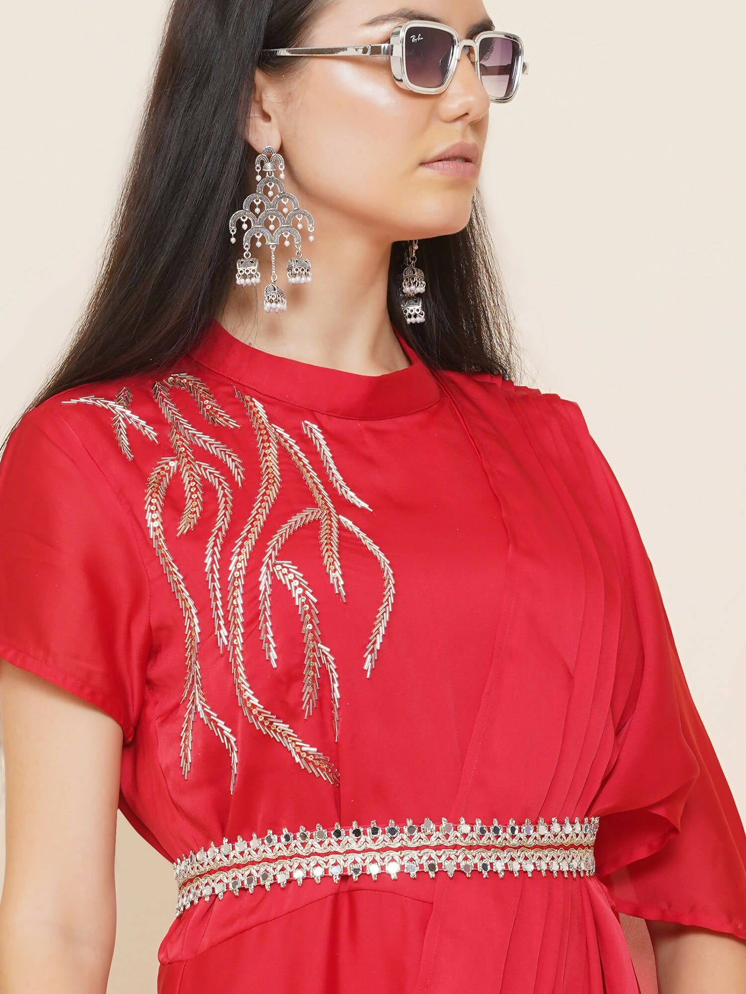 Women Republic Red Hand Embelleshed Gown With Drape - Grab2buy