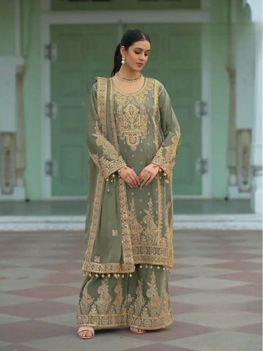Anaita Mehndi Heavy Chinon Readymade Palazzo Suit with Heavy Embroidery Work