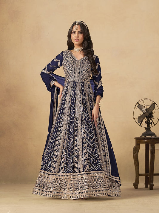 Monjolika Fashion Faux Georgette Embroidered Navy Blue Engagement Wear Anarkali Suit