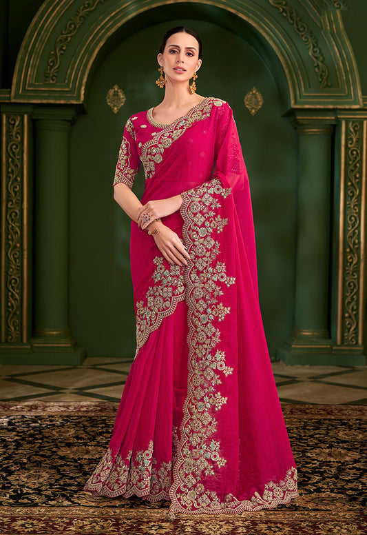 Monjolika Fashion Rani Pink Color Shining Silk Georgette Saree With Heavy Work Blouse