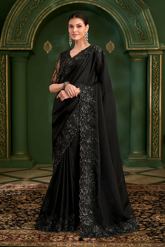 Monjolika Fashion Black Color Satin Georgette Saree With Heavy Work Blouse