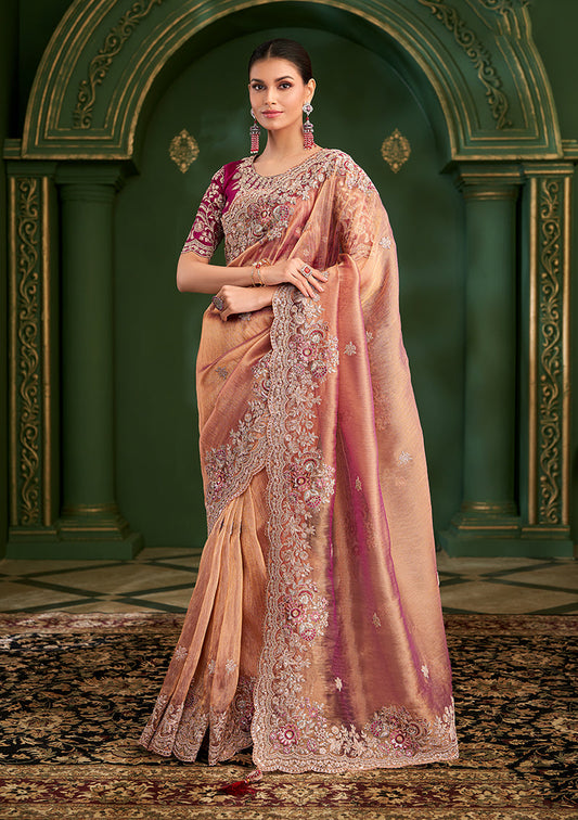 Monjolika Fashion Peach Color Shaded Georgette Saree With Heavy Work Blouse