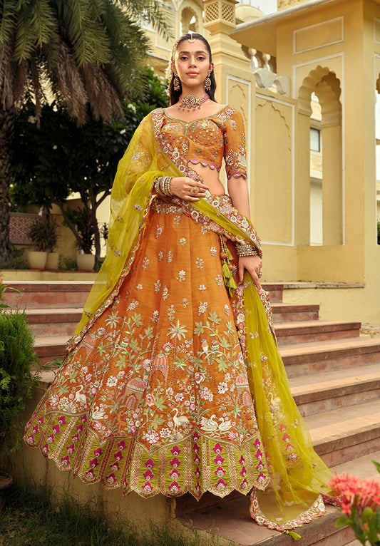 Monjolika Fashion Readymade Lehenga Choli Heavy Work Embroidered Silk In Amber