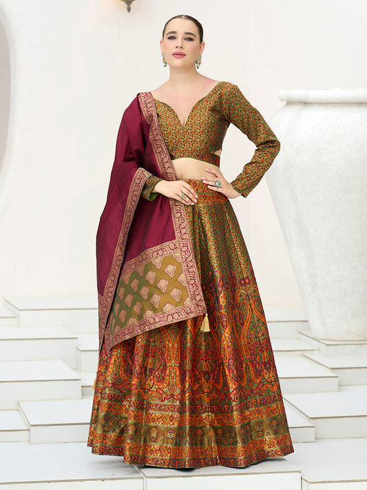 Monjolika Fashion Olive Kanjivaram Jacquard Designer Lehenga Choli For Ceremonial