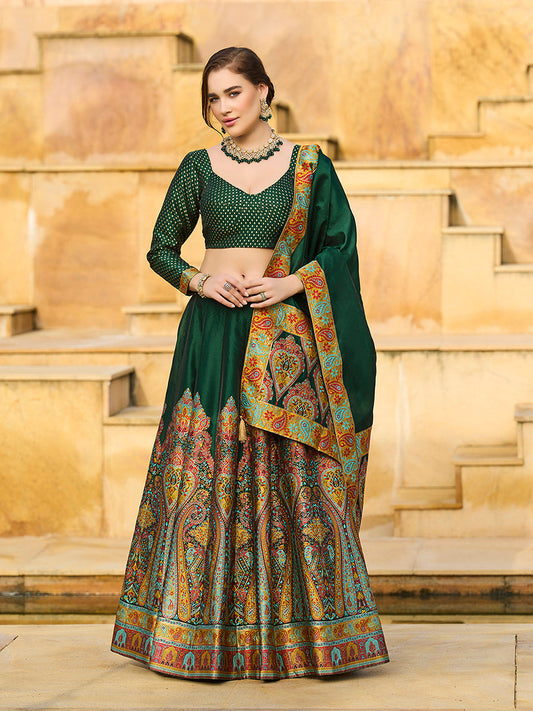 Monjolika Fashion Dark Green Color Jacquard Designer Work Lehenga Choli For Ceremonial